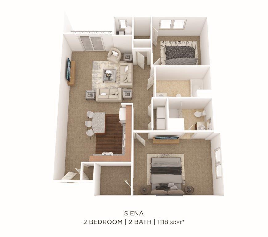Floor Plan - Two Bedroom 2 Bath- 1118 sqft