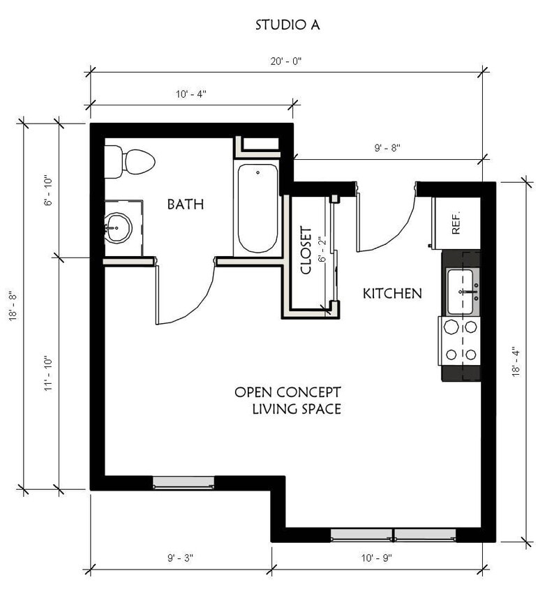 2100 Springport Apartments Studio Floorplan. Stainless Steel Appliances and Modern Finishes. - Studio - A