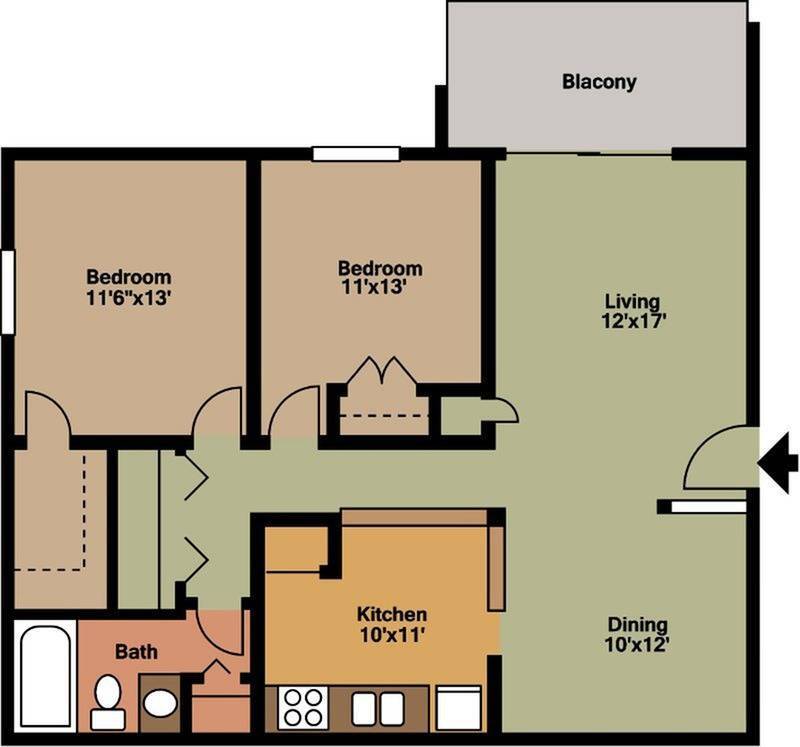 2x1 Floor Plan - 2 Bedroom, 1 Bath - Standard