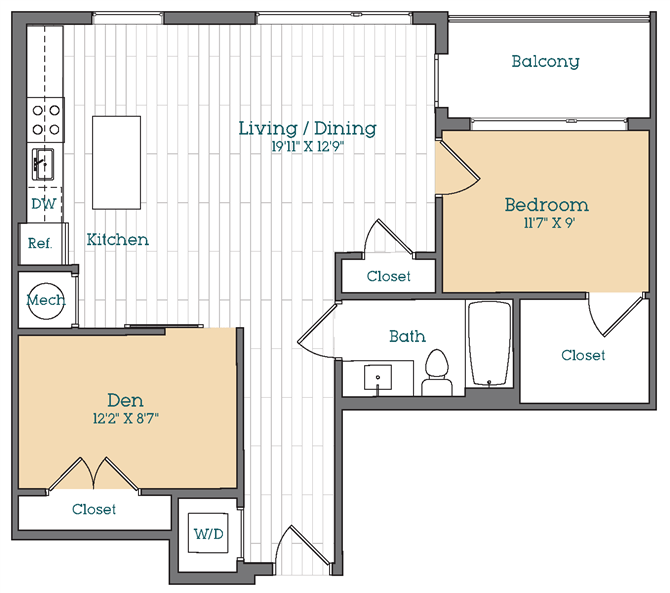 Floor Plan - 1 Bed - 1 Bath | AD2 DEN