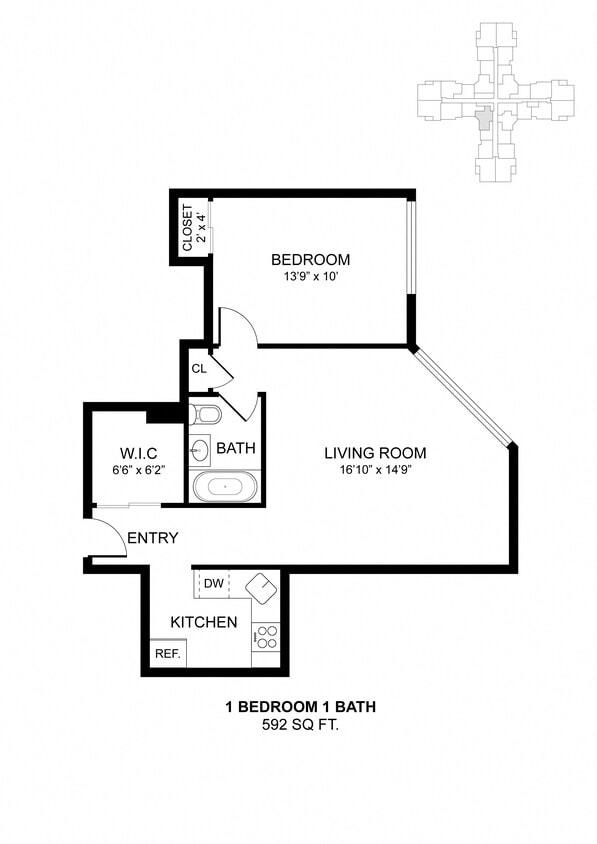 Floor Plan - 1 Bdrm 592 Sq Ft