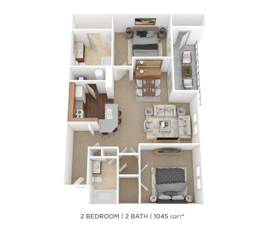 Floor Plan - Two Bedroom 2 Bath- 1,045 sqft