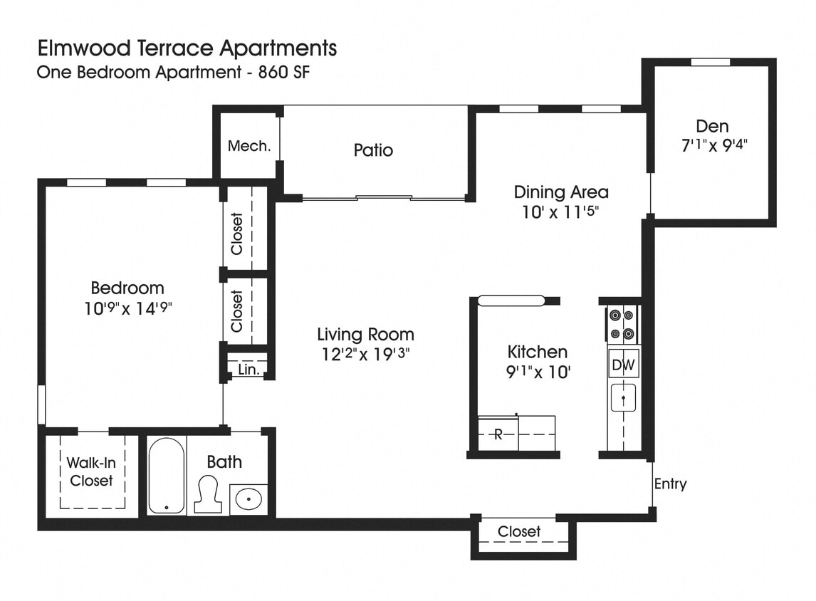 Floor Plan - 1BR 1BA (860sf)