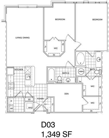 Floor Plan - 2 Bedroom + Den, 2 Bath 1349 SF KD3