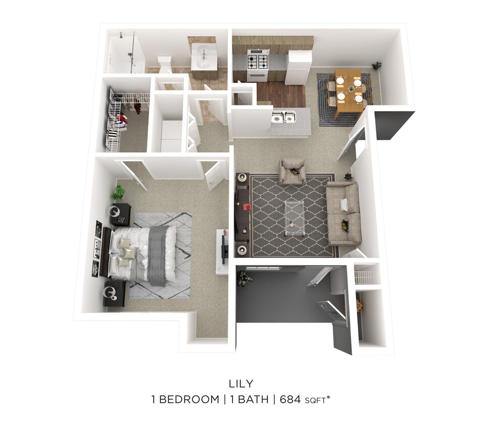 Floor Plan - One Bedroom - 684 sqft