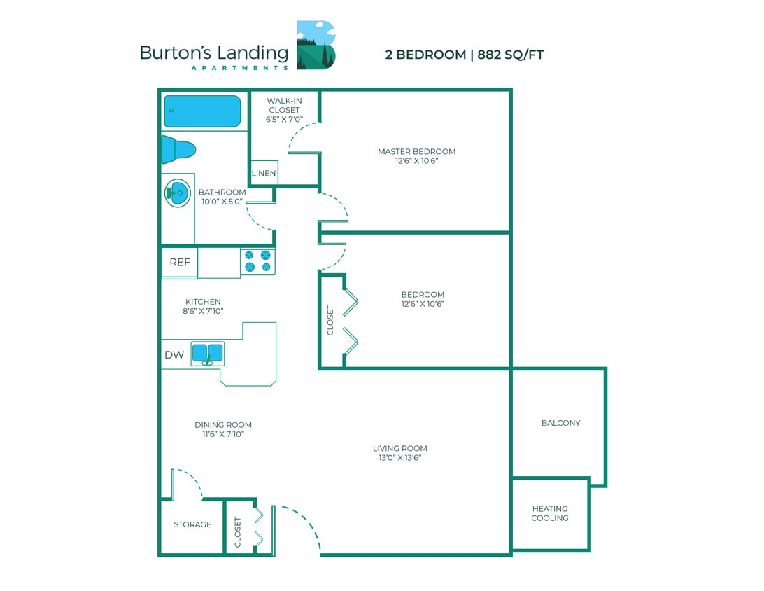 Floor Plan - 2 Bed, 1 Bath - 882 sq ft