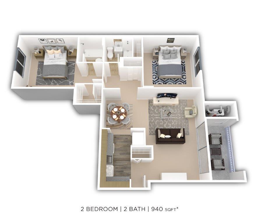 Floor Plan - Two Bedroom 2 Bath - 940 sqft