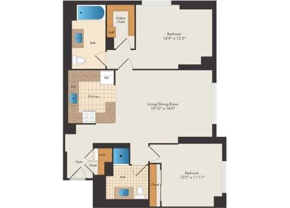 Floor Plan - Downing - 2 Bed 2 Bath
