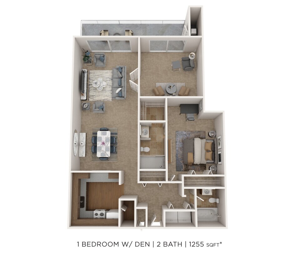 Floor Plan - One Bedroom 2 Bath - 1,255 sqft