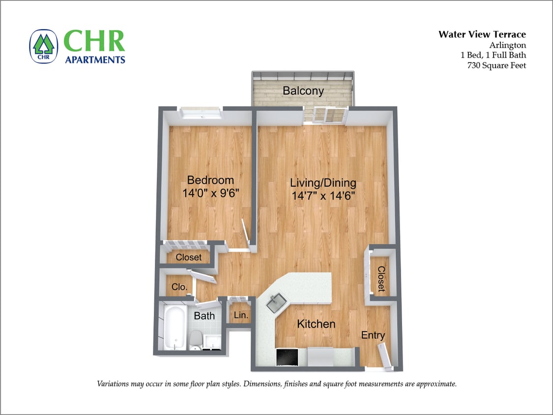 Floor Plan - 1 Bed/1 Bath with Balcony and A/C