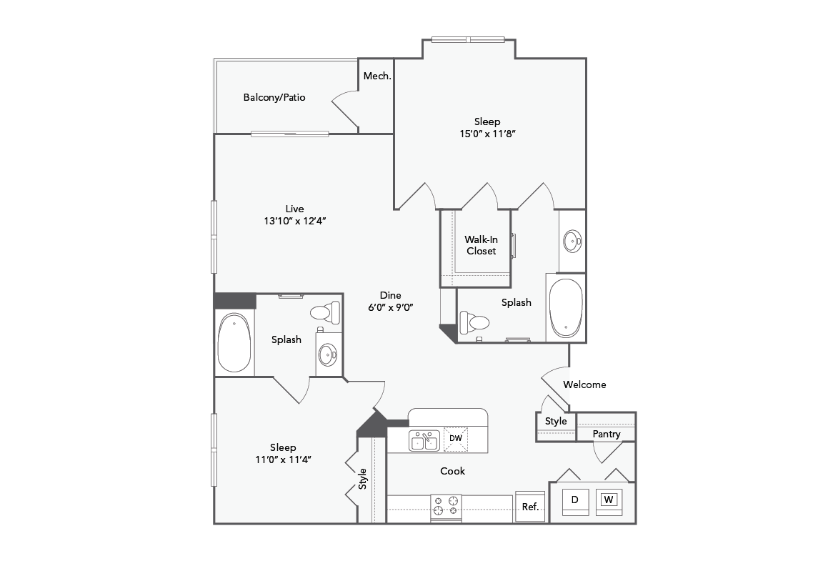Bedford 2 Bed x 2 Bath Floorplan - Bedford