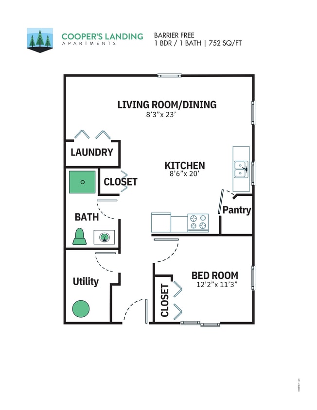 Floor Plan - 1 Bed, 1 Bath - 752 sqft