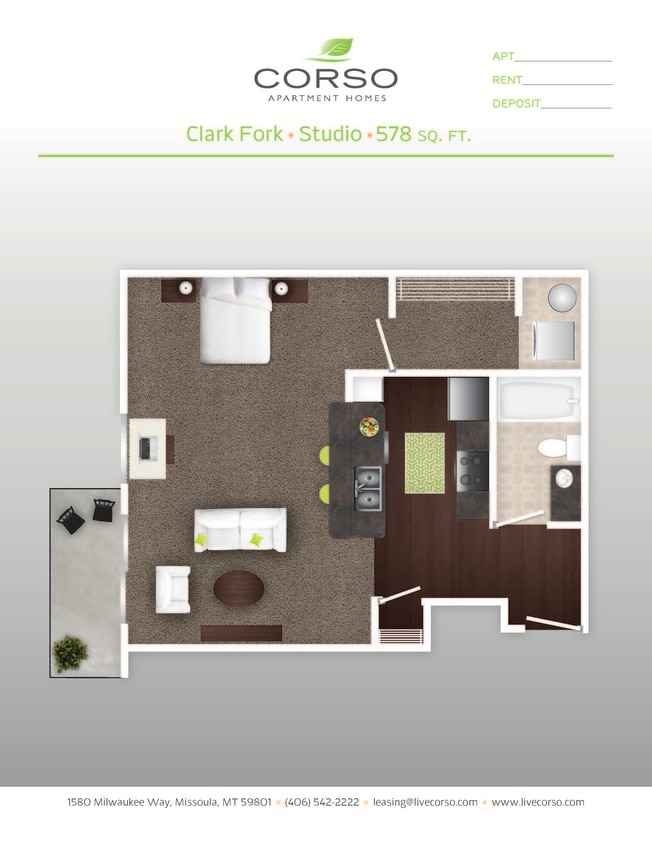 Floor Plan - 0BR x 1BA - Clark Fork