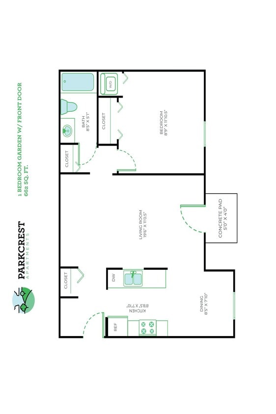 Floor Plan - 1 Bed, 1 Bath - 662 sq ft
