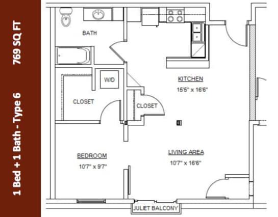 Type 6 | 769 Square Feet | One Bedroom One Bath - 1 Bedroom - 1 Bath (Type 6)