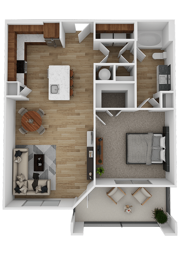 Explore your ideal living space with this modern one-bedroom apartment layout, featuring sleek design and a cozy patio. - A2