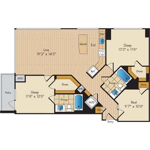 Floor Plan - 2 Bed 2 Bath w Den Sig-BDS1b