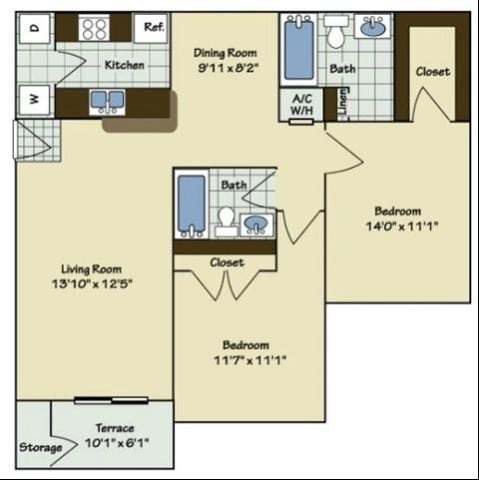 2 Bedroom | 2 Bath | 960 SF - B1