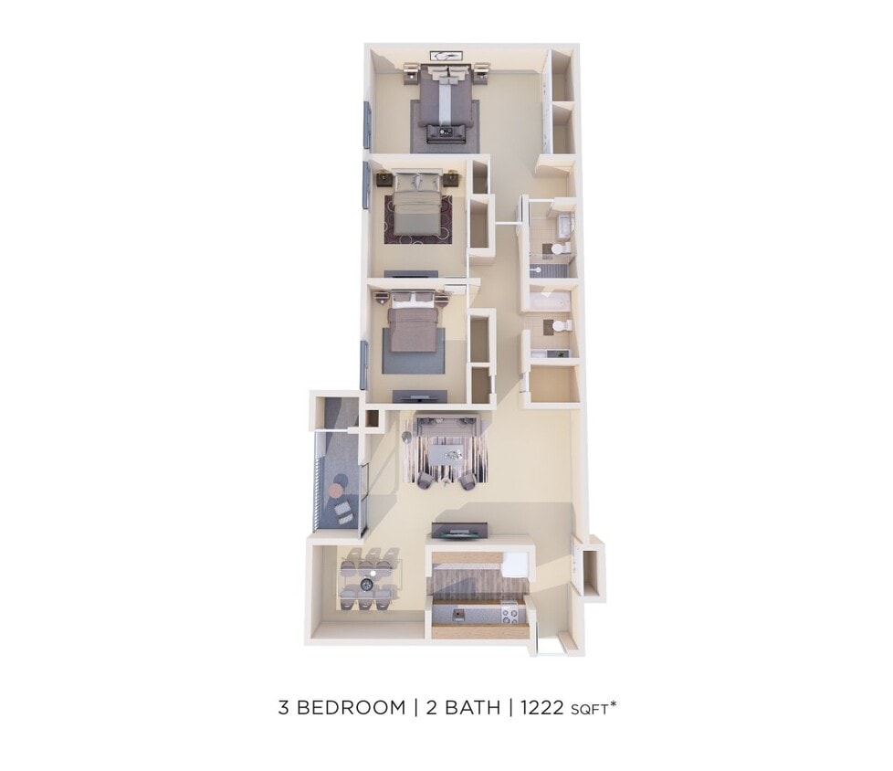 Floor Plan - Three Bedroom 2 Bath - 1,222 sqft