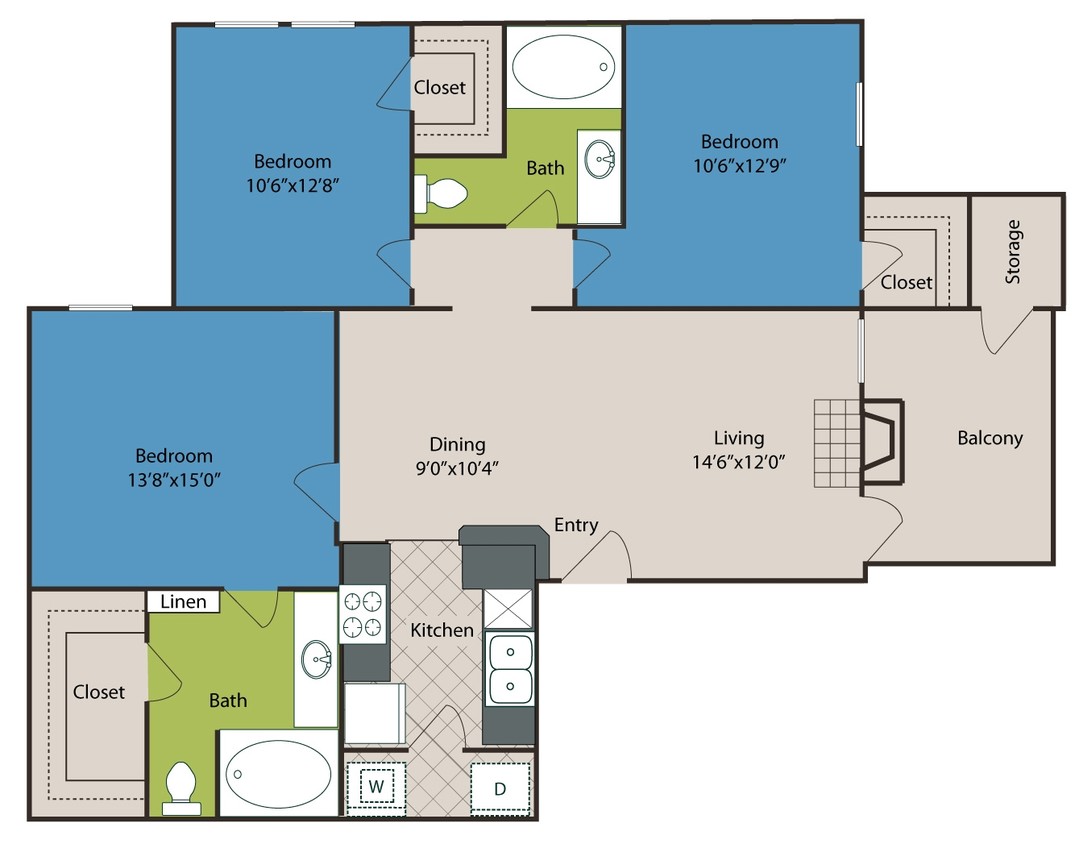 C1 Floor Plan - 3 bedroom 2 bathroom 1181 sq ft