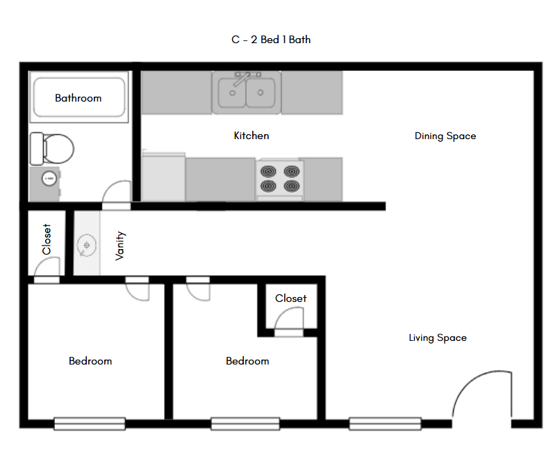 Floor Plan - 2 Bedroom 1 Bath ACE