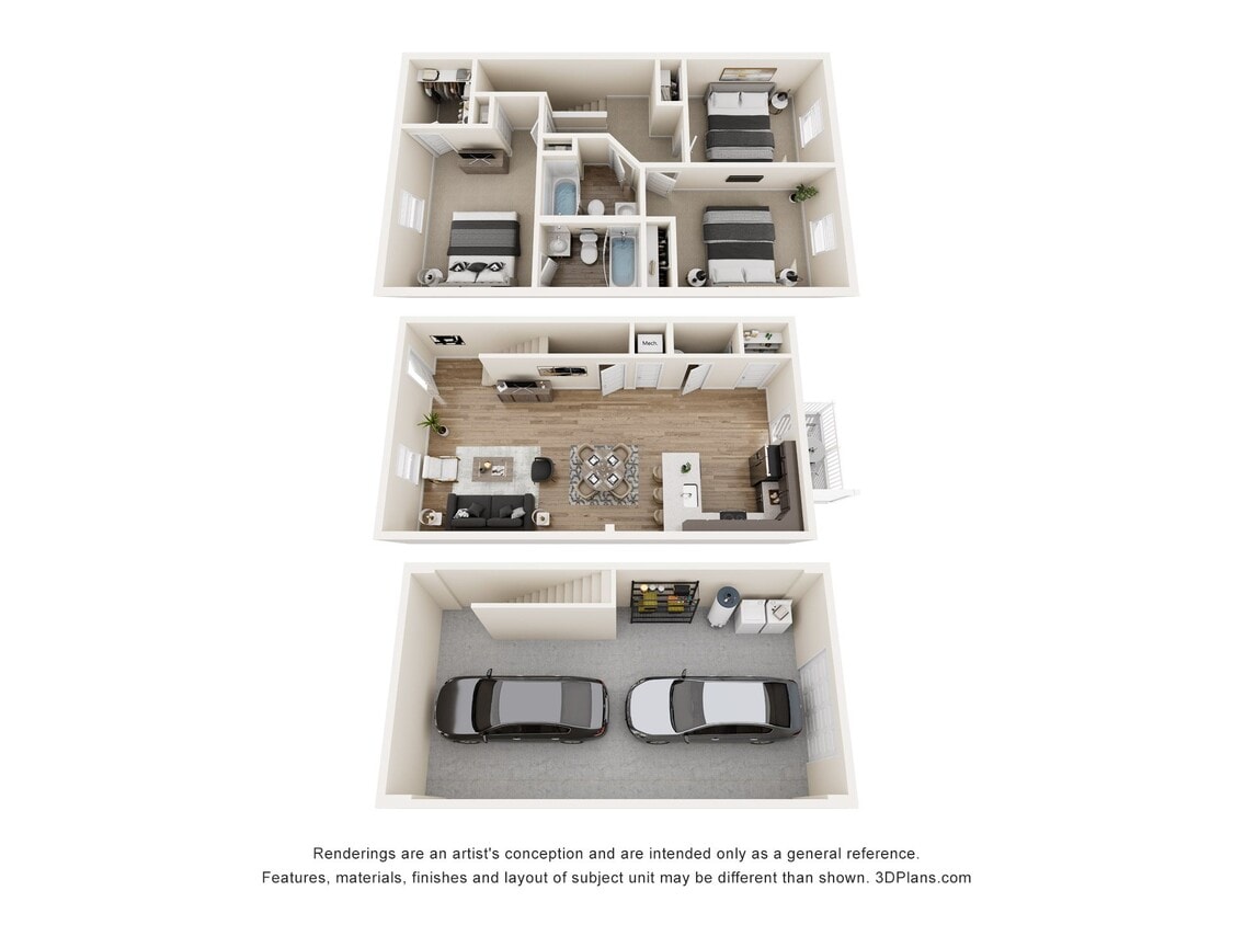 Floor Plan - 3 Bedroom, 2.5BA Townhome with Drive Under Garage
