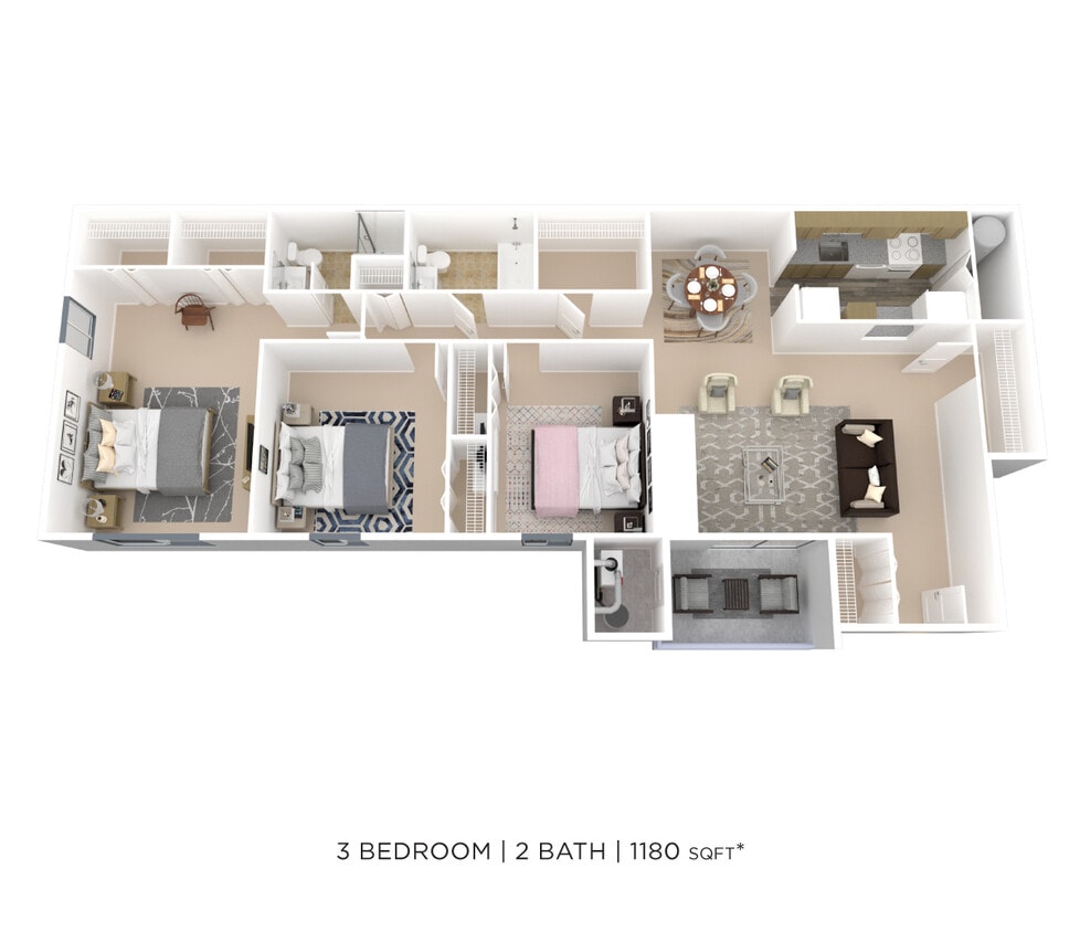 Floor Plan - Three Bedroom 2 Bath - 1,180 sqft