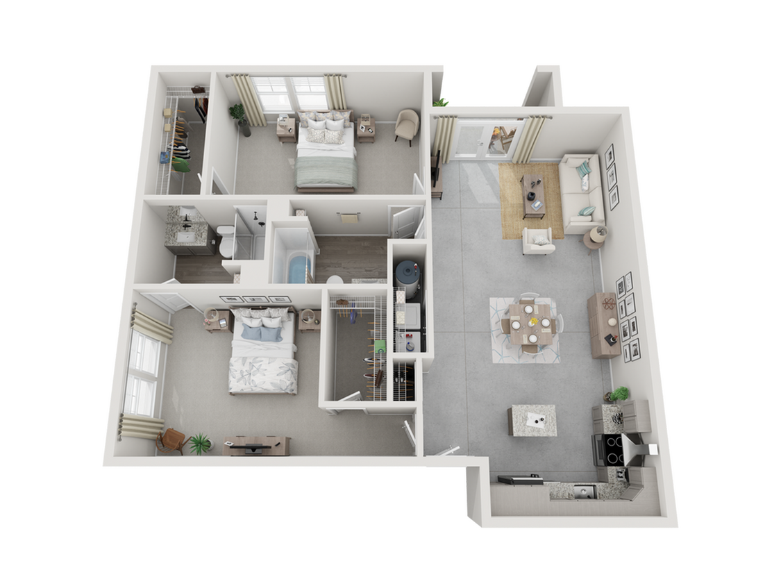 Experience the perfect blend of style and comfort in this elegantly designed apartment layout. - 2 Bed 2 Bath - 1,216 Sq. Ft.