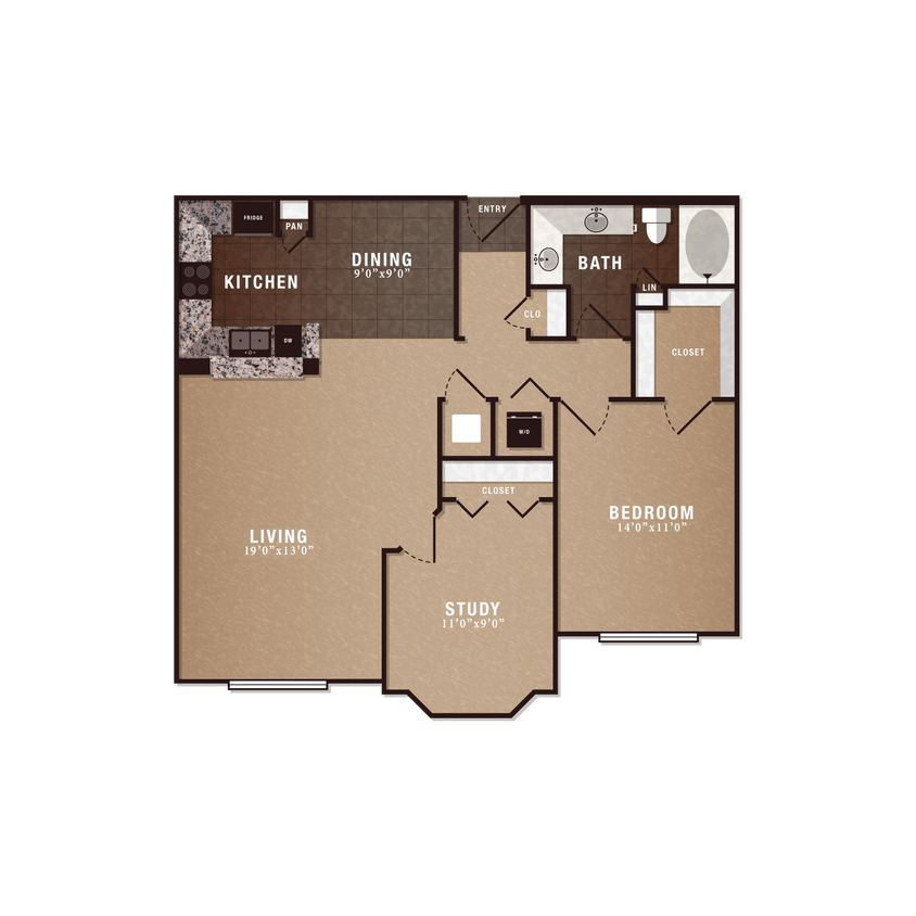 Floor Plan - A5 1x1 w/study