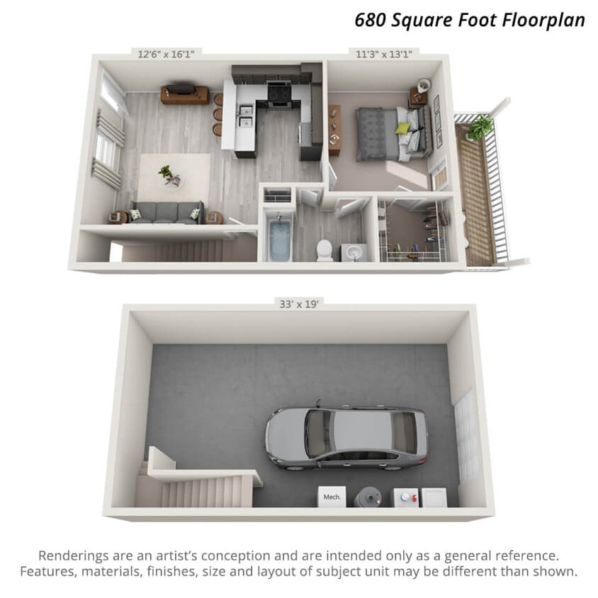 Floor Plan - 1 Bedroom with Drive Under Garage - 680sf