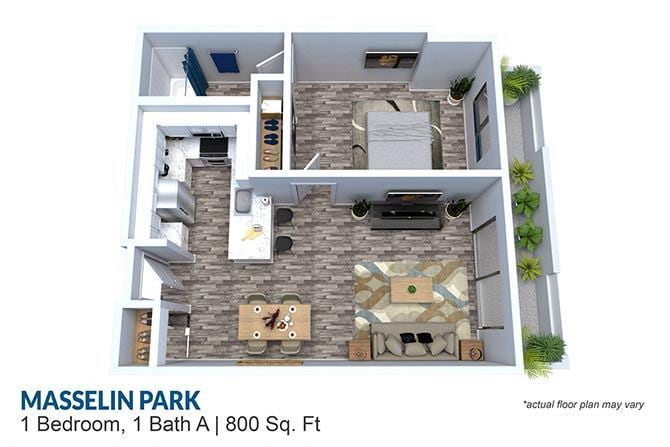 Floor Plan - 1 Bedroom 1 Bath 800 sq ft