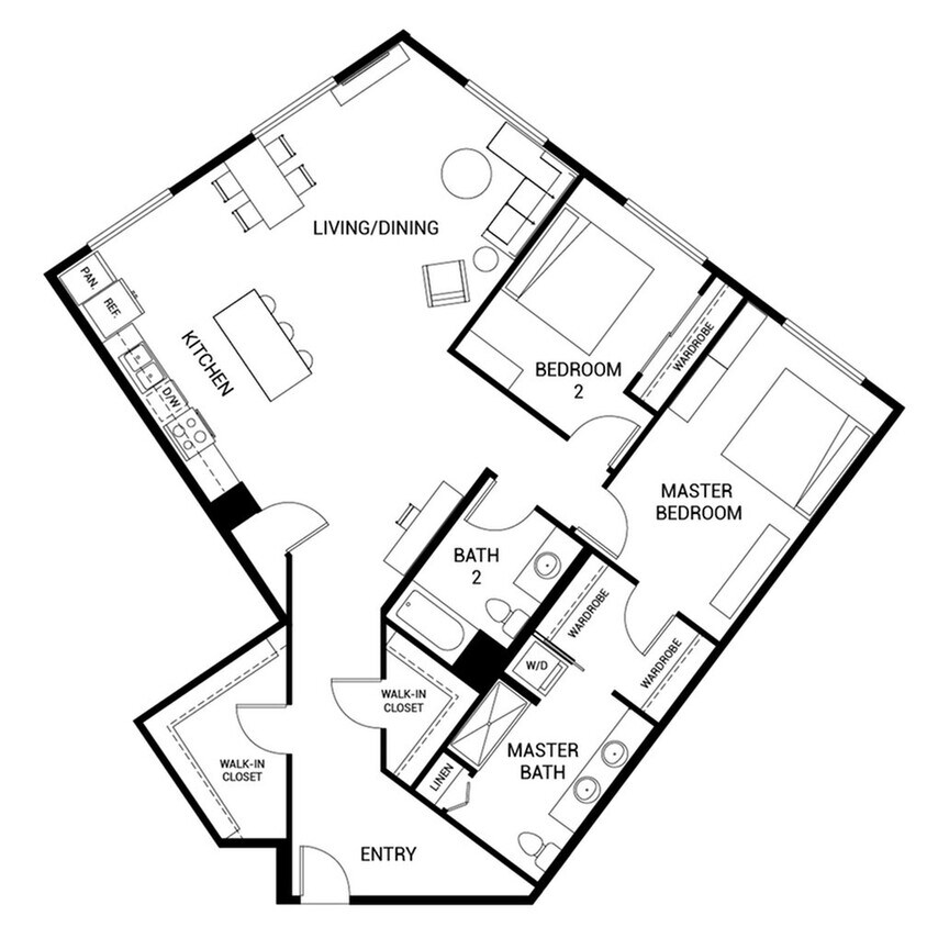 Modern floor plan featuring a spacious master bedroom with ensuite, a second bedroom, open kitchen, and a stylish living/dining area. - B8