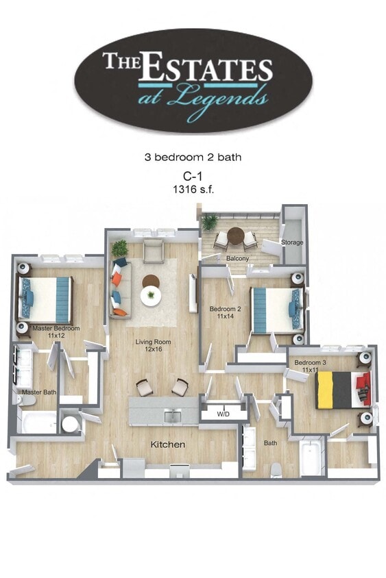 Floor Plan - C-1 - 3 Bedroom / 2 Bath - Estates III