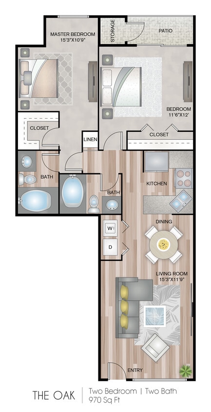 970 Square Feet - The Oak with Washer & Dryer