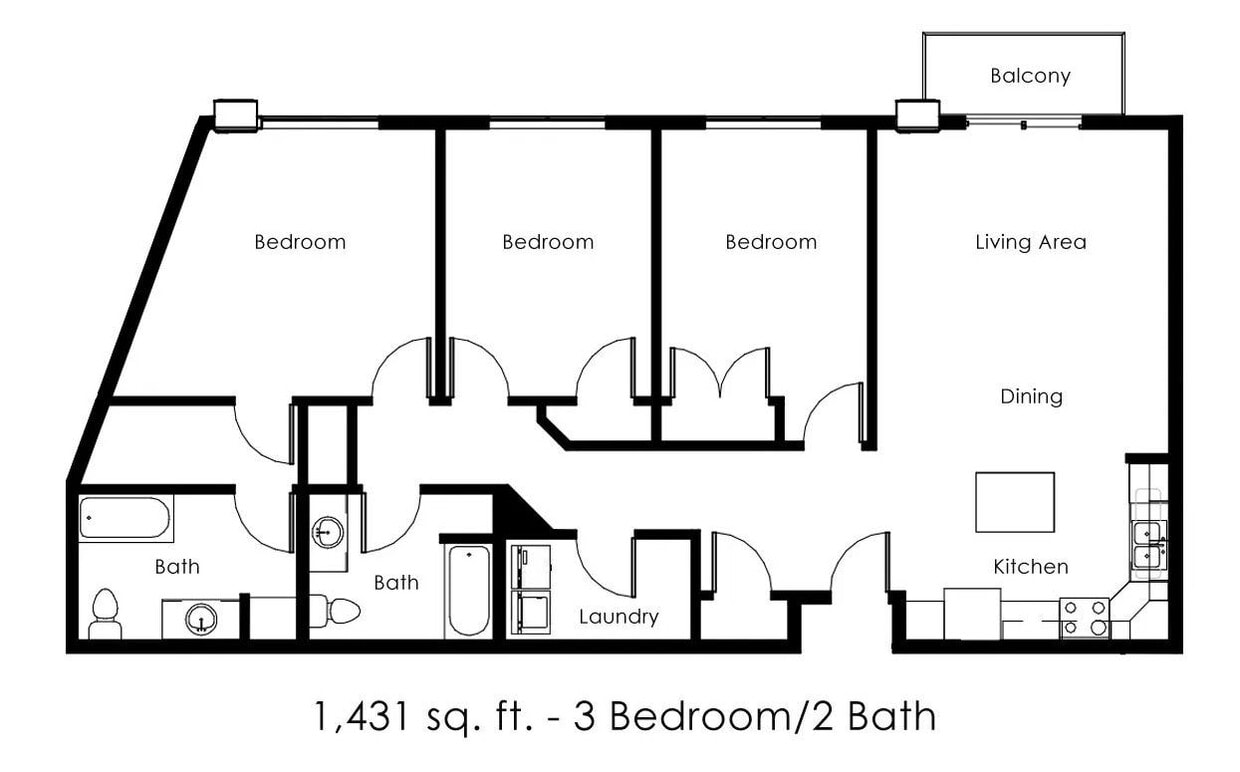 Floor Plan - 3 Bed 2 Bath | 1431 sqft