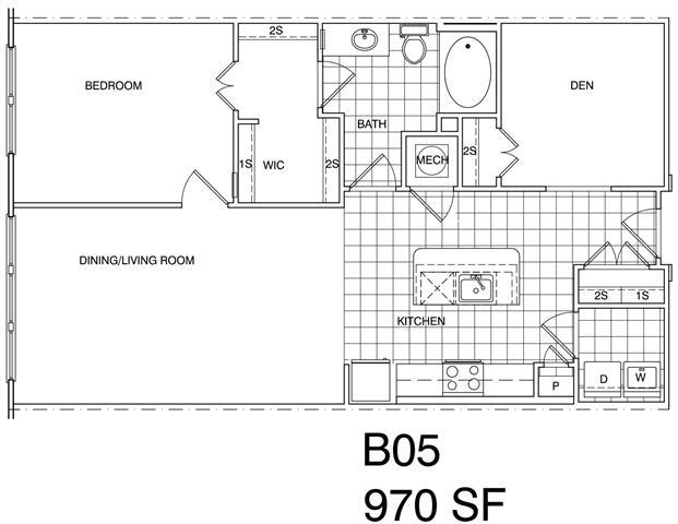 Floor Plan - 1 Bedroom + Den, 1 Bath 970 SF B5