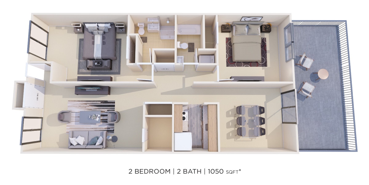 Floor Plan - Two Bedroom 2 Bath - 1,050 sqft