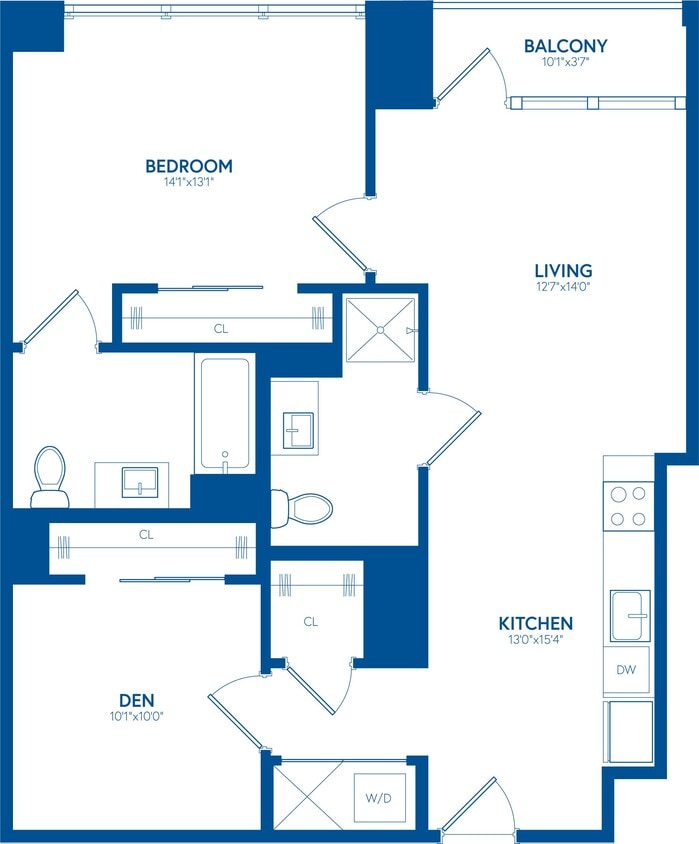 Floor Plan - 1 Bedroom + Den, 2 Bath, Balcony