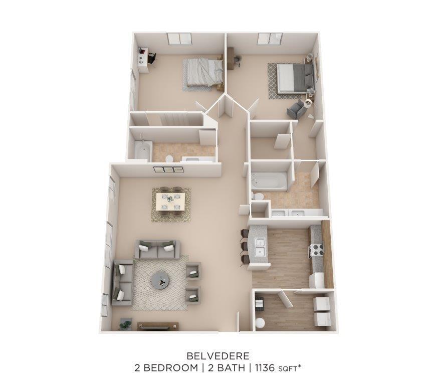 Floor Plan - Two Bedroom 2 Bath- 1136 sqft