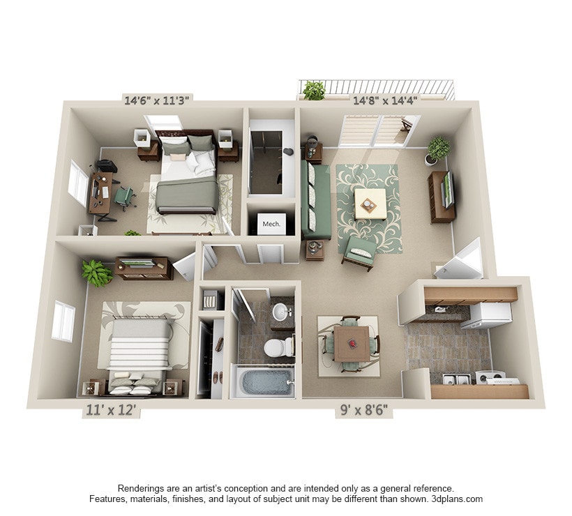 Floor Plan - Two Bedroom One Bathroom