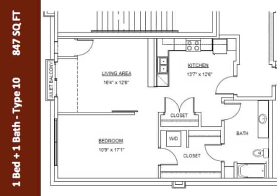 Type 10 | 847 Square Feet | One Bedroom One Bath - 1 Bedroom - 1 Bath (Type 10)