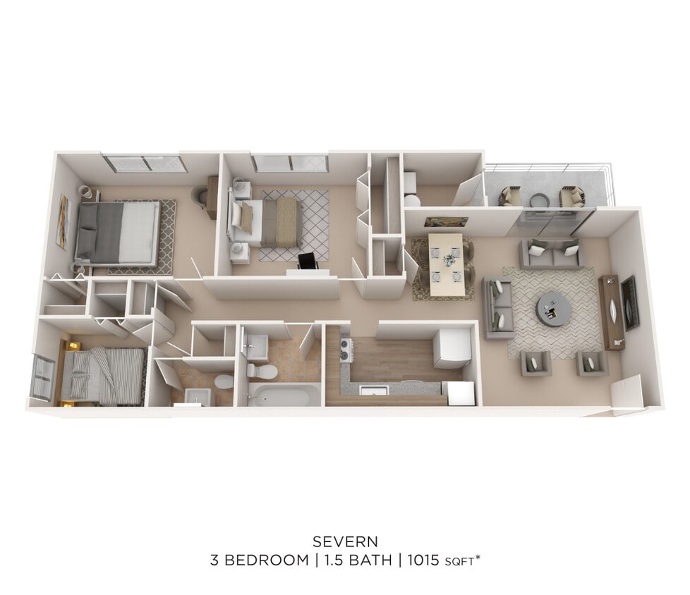 Floor Plan - Three Bedroom 1.5 Bath - 1,015 sqft