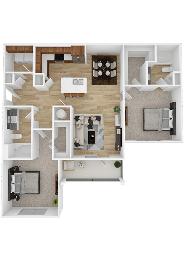 Explore the layout of this stylish 2-bedroom apartment featuring an open-concept kitchen and living space. - B1