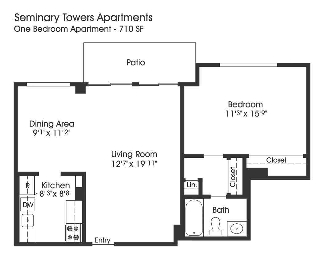 Floor Plan - 1BR 1BA (710sf)