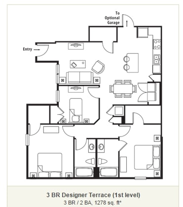3 BR / 2 BA, 1278 sq. ft - 3 BR Designer Terrace Garage