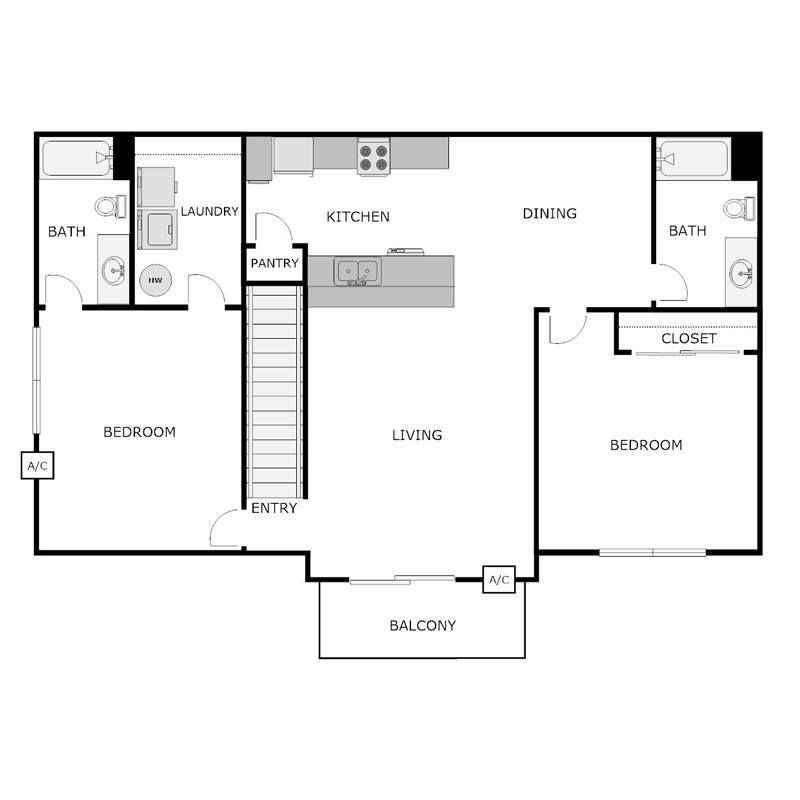 Floor Plan - 2 Bed 2 Bath Upper Split