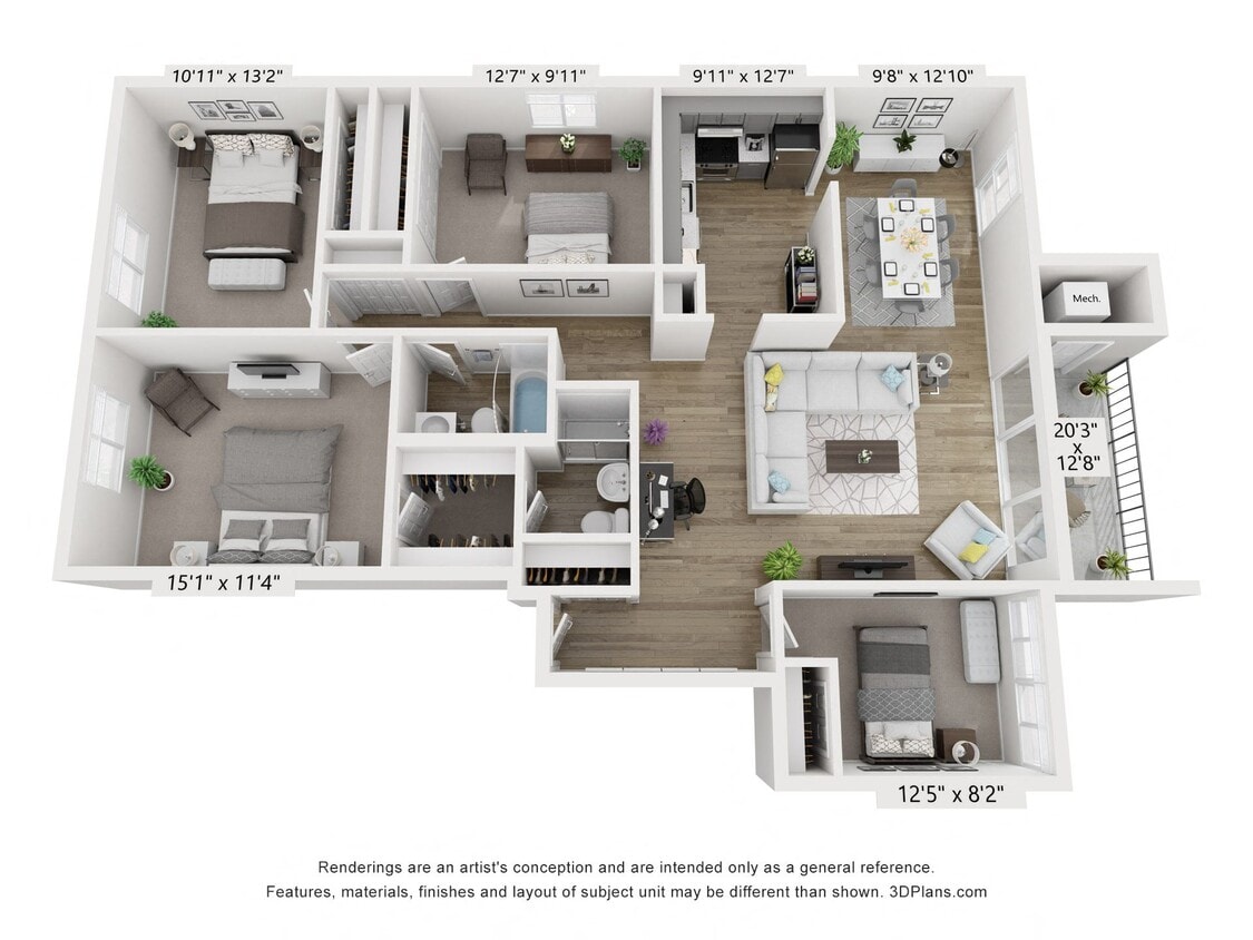 Floor Plan - Q - 3BR 2BA (1370sf)