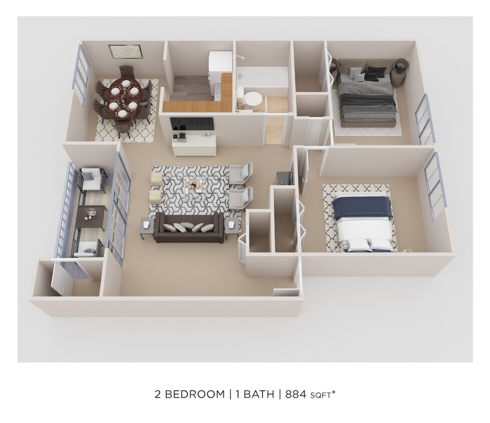 Floor Plan - Two Bedroom - 884 sqft