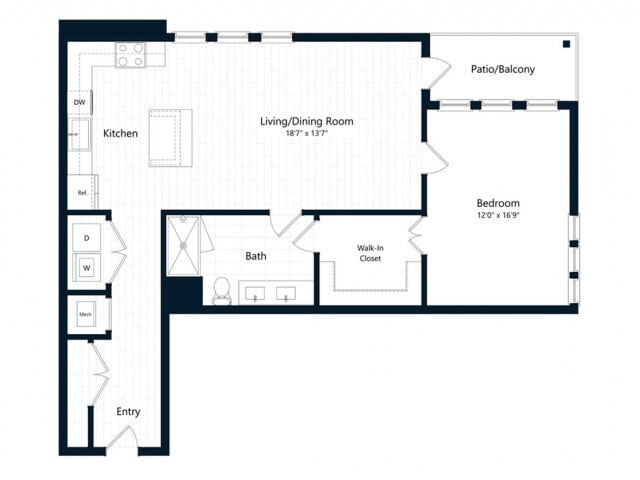 Floor Plan - One Bedroom One Bath (921 SF)
