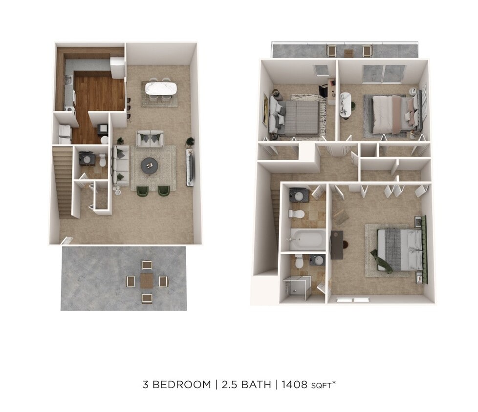 Floor Plan - Three Bedroom 2.5 Bath Townhome - 1,408 sqft